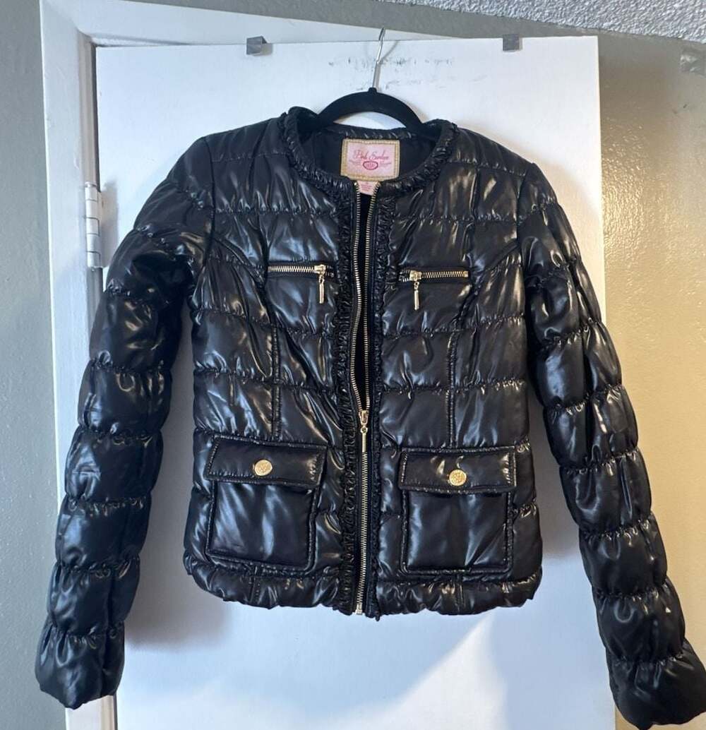 Pink Envelope Shiny Black Puffer Jacket